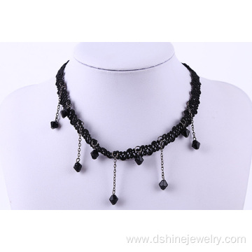 Black String With Crystal Glass Beads Choker Necklace